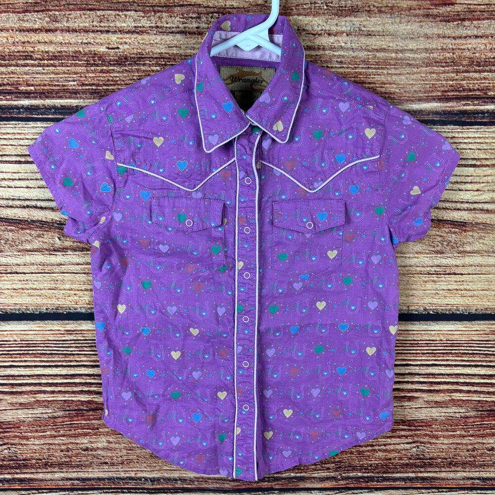 Wrangler Purple Hearts Snap Button Up Short Sleeve Western Shirt